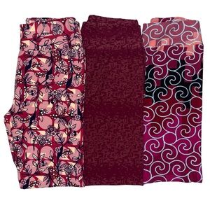 Lot of 3 LuLaRoe OS Leggings Maroon Pink Floral Cream Black Geometric Solid